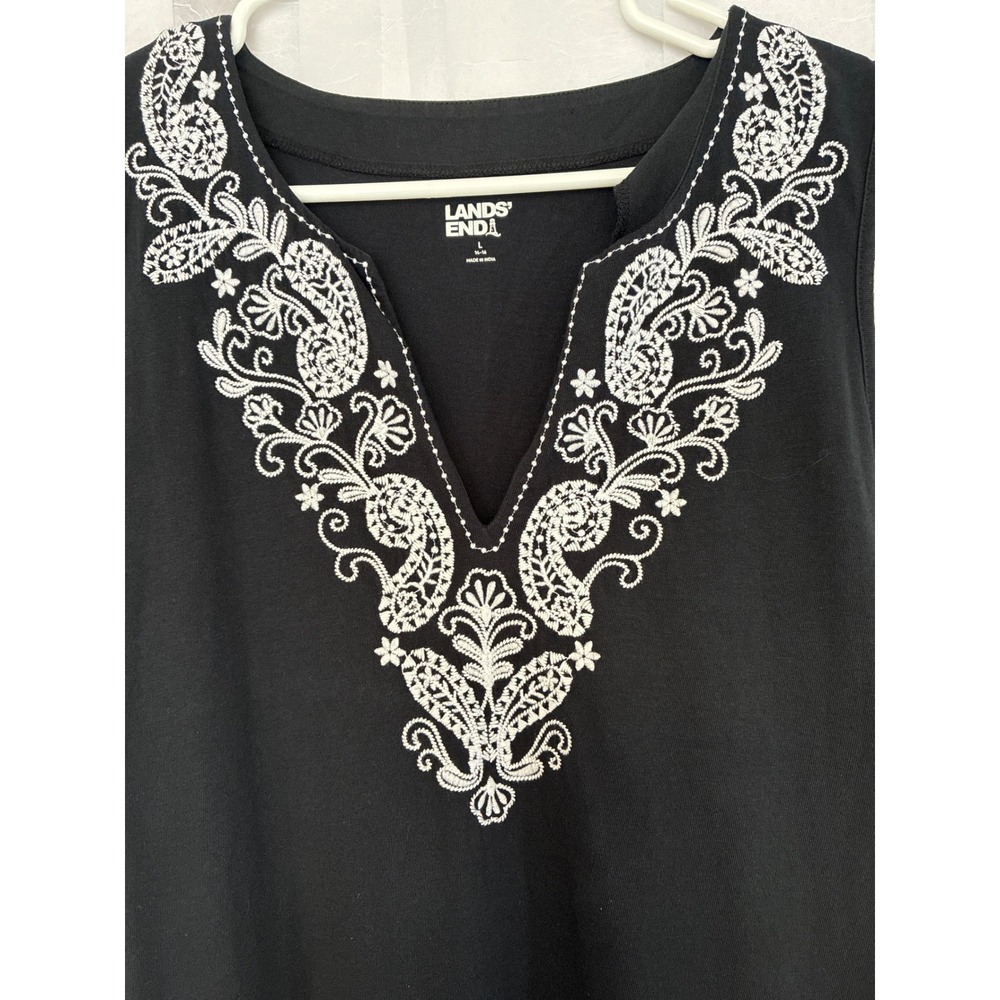 Lands End Womens Black Cotton Embroidered Split Neck Sleeveless Shift Dress L - Picture 2 of 7